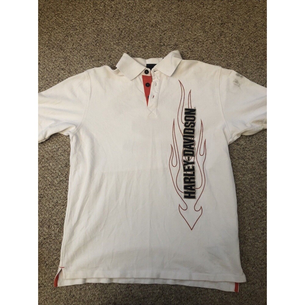 HARLEY DAVIDSON Men's Embroidered Polo Shirt Size Med White Double Sided Logo